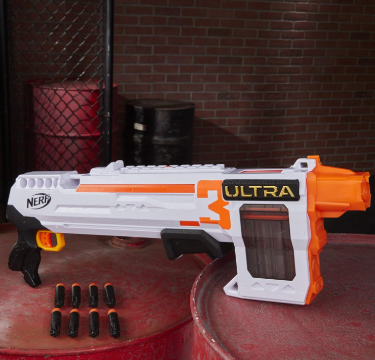 Nerf Ultra Three Blaster, Pump-Action, 8-Dart Internal Clip, 8 Ultra Darts, Compatible Only Ultra Darts